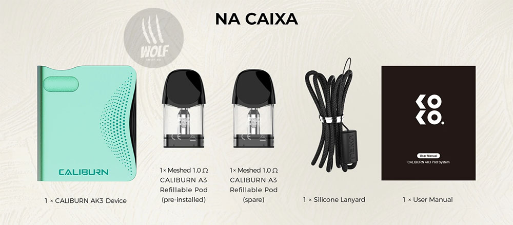Caixa do Podsystem UWELL Caliburn AK3 na Wolf