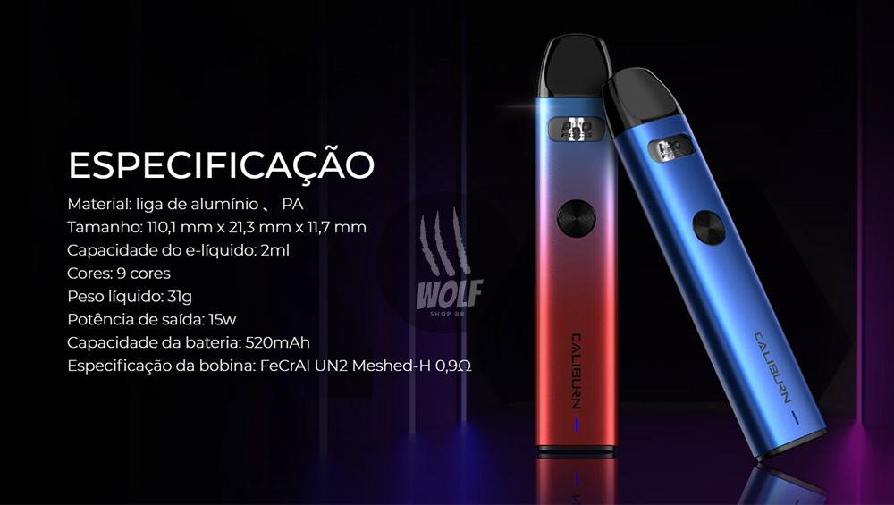 Especificação do Podsystem UWELL Caliburn A2 na Wolf