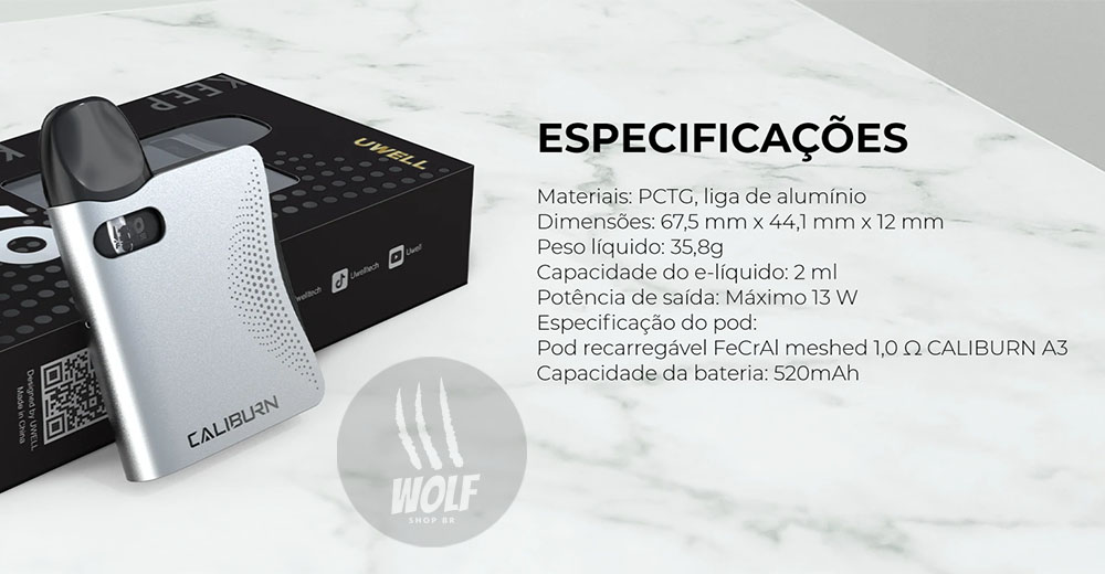 Especificações do Podsystem UWELL Caliburn AK3 na Wolf