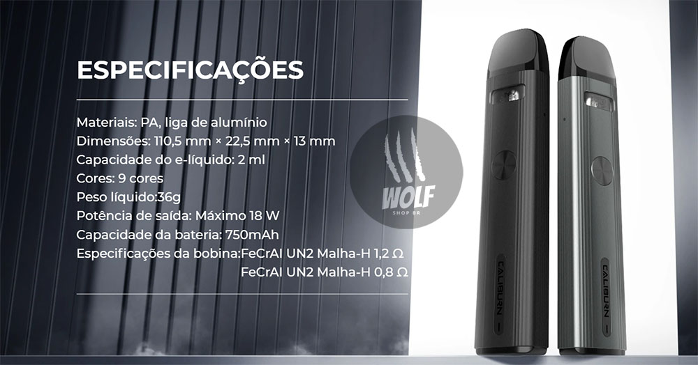 Especificações do Podsystem UWELL Caliburn G2 na Wolf