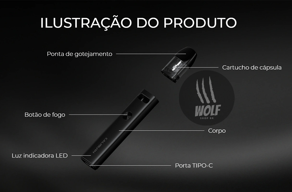Ilustração do Podsystem UWELL Caliburn A2 na Wolf