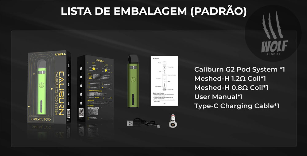 Lista de Embalagem do Podsystem UWELL Caliburn G2 na Wolf
